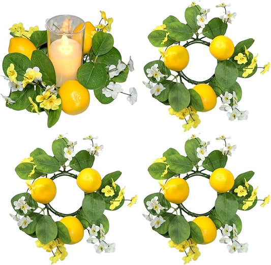 4Pcs Lemon Candle Rings Wreaths 3inch Center Decorative Greenery Candle Holder Rings with Flowers Spring Mini Wreaths for Pillar Wedding Farmhouse Front Door Wall Table Centerpiece Home Decorations