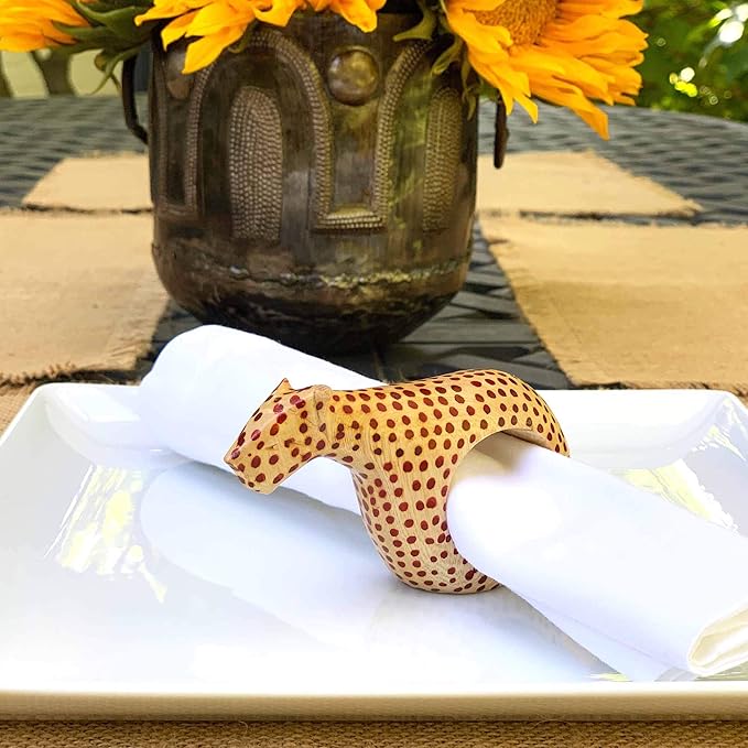 Handcarved Mahogany Wooden Napkin Ring Holders, Cheetah, Set of 6 (KWF012_C)