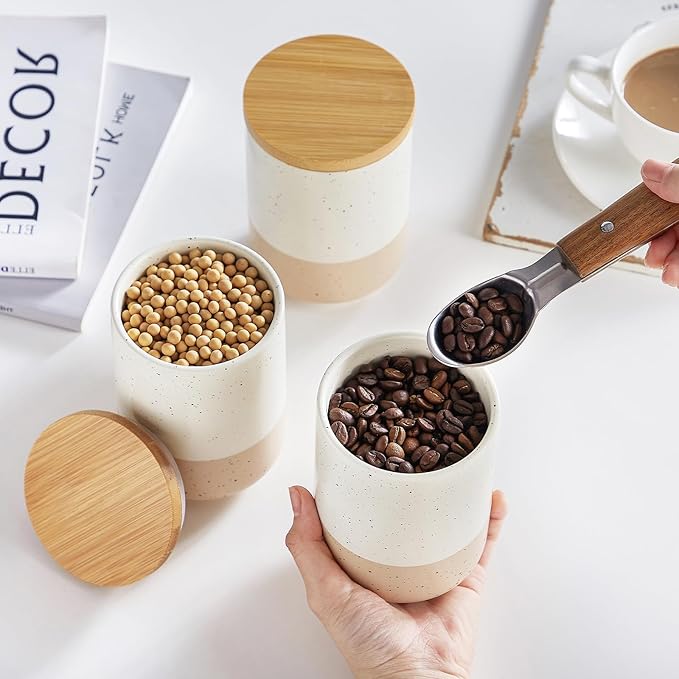 vancasso Sabine Ceramic Canister Set with Airtight Wood Lids - 4-Piece Small Kitchen Storage for Coffee, Sugar, Tea & Spices (18 oz Each) - Compact Countertop Jars