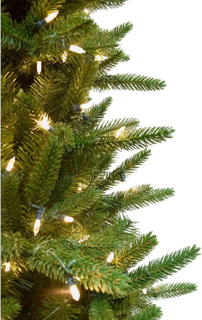 Fraser Hill Farm 7.5-Ft. Carmel Pine Slim Artificial Christmas Tree with Warm White LED Lights and Stand, Prelit Foldable Fake Tree with Realistic Foliage for Home Decoration