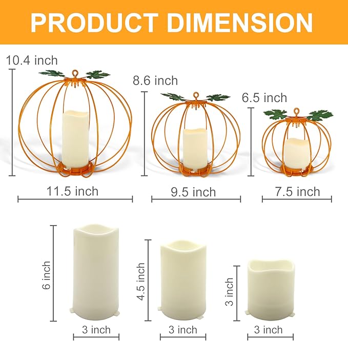 Halloween Metal Pumpkin Candle Holder, 3 Pcs Light up Orange Pumpkin Lantern with LED Flickering Yellow Candle Lights Build in Timer for Thanksgiving Halloween Harvest Fall Home Decor