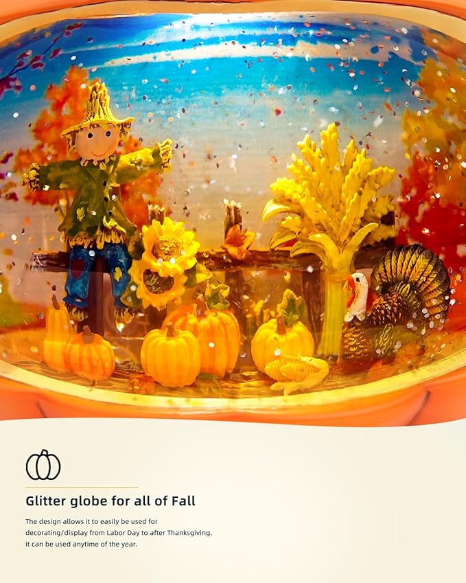 Fall Decor Snow Globe Lighted Pumpkin Thanksgiving Decoration Swirling Glitter Snow Globes Pumpkin Table Accent for Fall Harvest Day Decorations,Pumpkin&Scarecrow