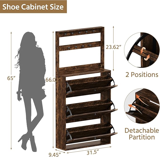 Shoe Cabinet Set 2 with 3 Flip Drawers, Narrow Shoe Cabinet with 9 Hooks Coat Rack, Freestanding Shoes Storage Cabinets with Adjustable Shelves for Entryway, Hallway, Living Room, Rustic Brown