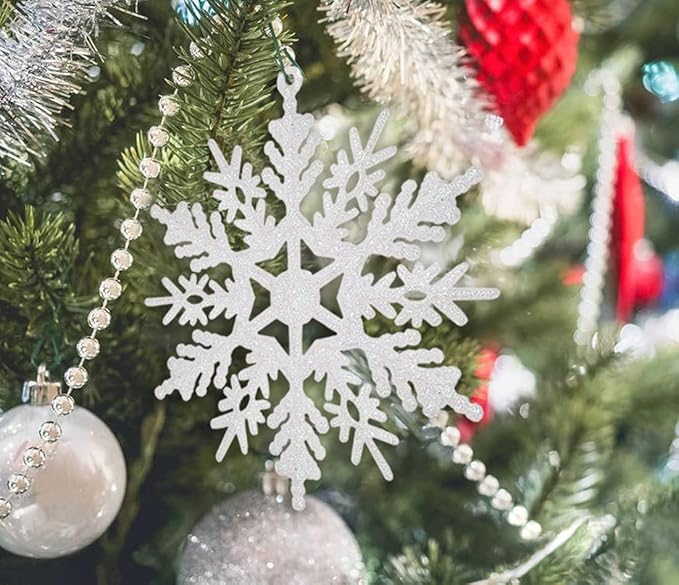 12pcs Large Christmas Snowflakes Decorations, 12" Big Plastic Glitter White Snowflake Ornaments for Winter Indoor Outdoor Christmas Tree Holiday Window Room Decor Craft Snowflakes