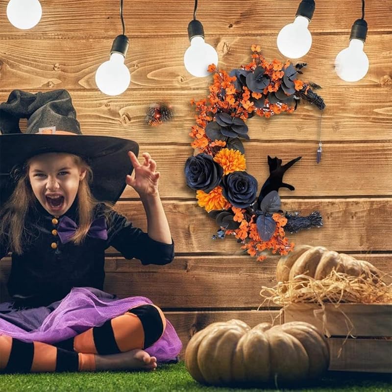 Halloween Wreaths for Front Door with Light, Black Cat Crescent Moon Wreath, Cute Cat Garland Halloween Door Decorations for Outdoor Indoor Decor Wall Window Home Party