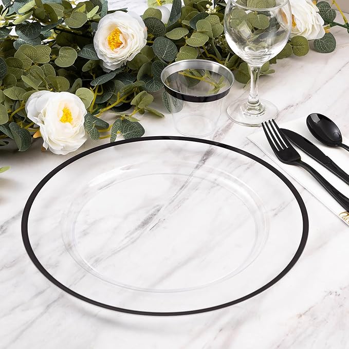 Goodluck 12 Inch Charger Plates, 25 Pack Clear Charger Plates with Black Trim, Plastic Charger Plate Bulk for Dinner, Wedding, Party, Event Decoration, Clear&Black