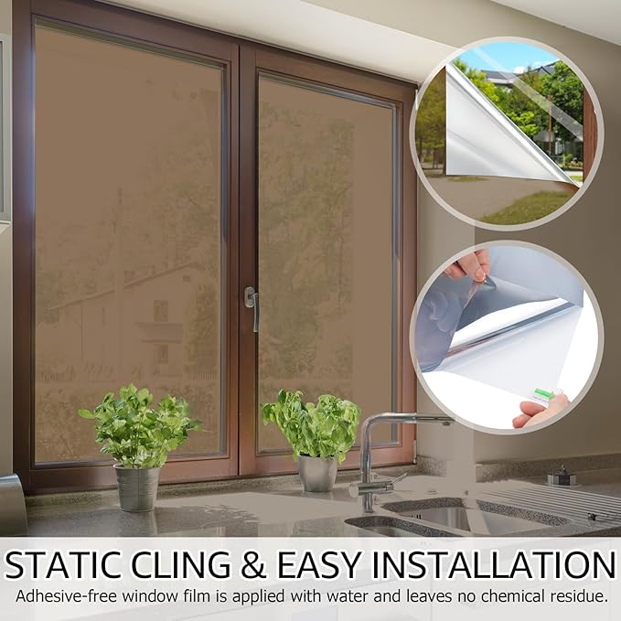 HIDBEA One Way Mirror Window Film, Daytime Privacy Sun Blocking Reflective Window Film Static Cling Heat Control Window Tinting Film for Home and Office, Brown Silver, 17.5 x 78.7 Inch