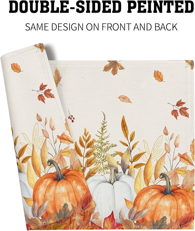 Fall Placemats Set of 4 Autumn Thanksgiving Harvest Watercolor Pumpkin Place Mats 12x18 Inch Seasonal Washable Table Mats for Party Kitchen Dining Decoration