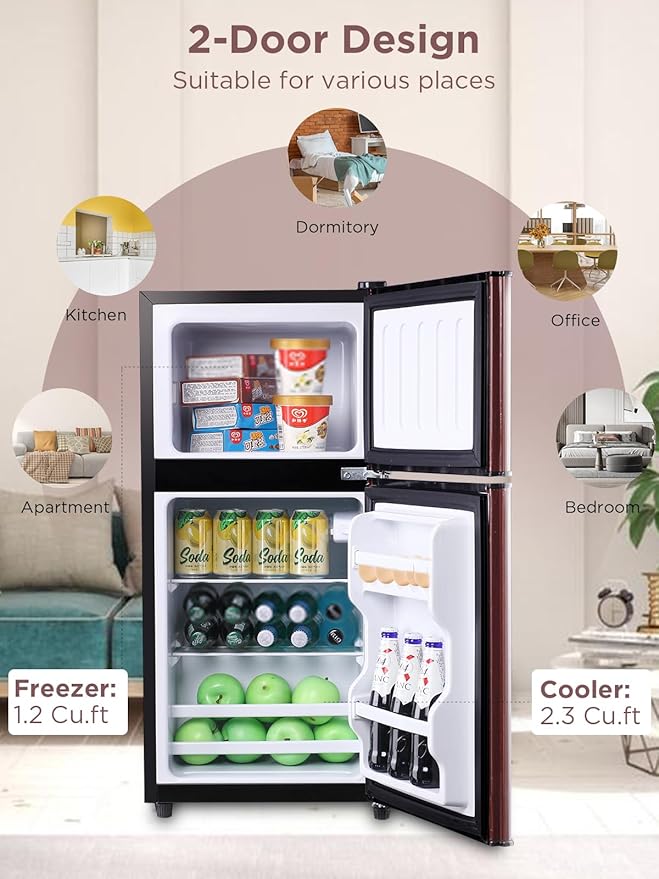 3.5 Cu.Ft Mini Fridge with Freezer, Compact Refrigerator with 2 Doors for Office, Kitchen, Dorm and Bedroom, Small Fridge with 7 Level Temp Adjustable Thermostat, Wood