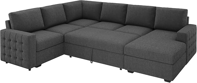 HONBAY Sectional Couch with Pull Out Bed, U-Shaped Sectional Sleeper Sofa with Storage, 6 Seater Sectional Sofa Bed, Mid-Grey