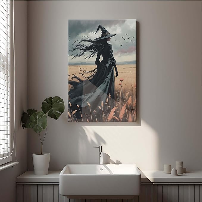 Gothic Decor Canvas Wall Art Witch in Rice Field Halloween Art Decor Print Nature Print Victorian Home Bedroom28x40in Wood Framed