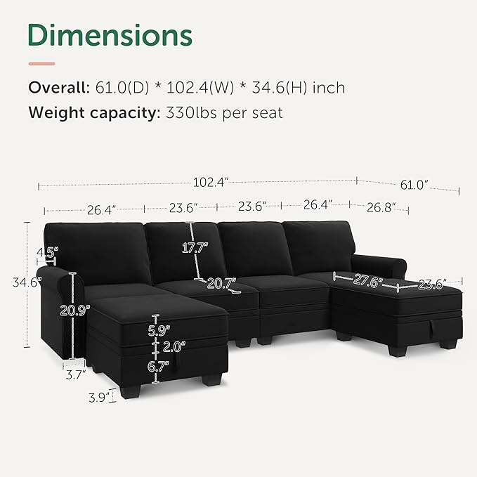 HONBAY Sectional Sofa with Storage Seat Velvet U Shaped Couch with Reversible Chaise Convertible Sectional Couches for Living Room,Black Velvet