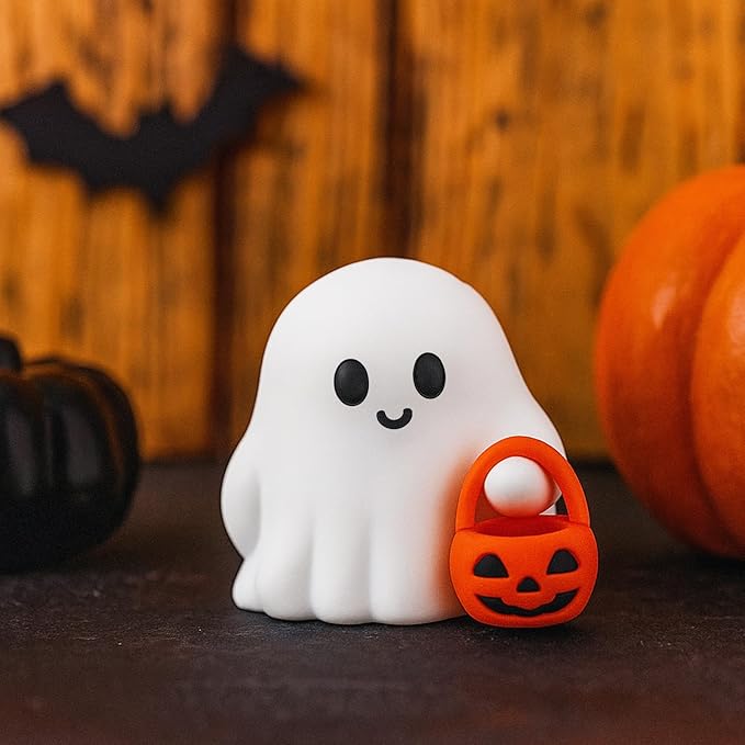 2 Pcs Halloween Ghost Figurine Cartoon Cute Spooky Carrying Pumpkin Basket Desk Display Ornament Tiny Trick or Treat Ghost Resin Halloween Statue for Home and Office Tabletop Decor Supplies