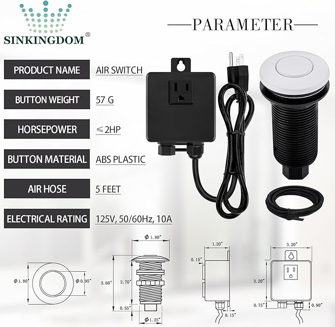 Garbage Disposal SinkTop Air Switch Kit,White with Long Button,Brass Made Cover,White
