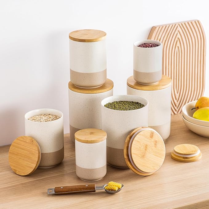 vancasso Sabine Large Ceramic Canister Set with Airtight Wood Lids - 2-Piece Kitchen Food Storage Jars for Flour, Sugar, Coffee & Tea (74 oz Each) - Big Capacity Countertop Jars