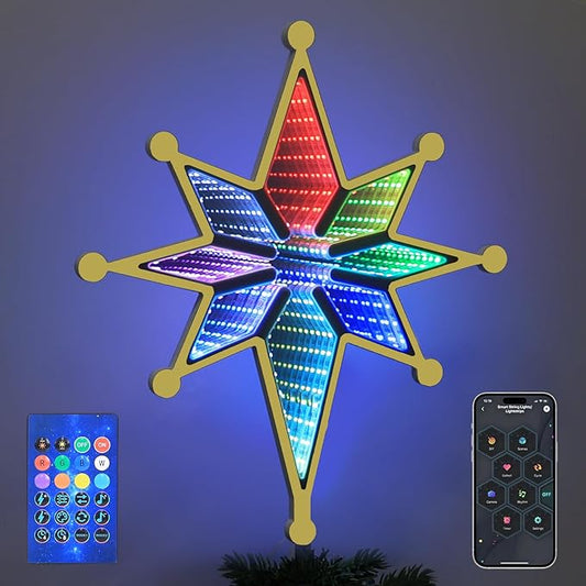 MEETYAMOR Christmas Tree Topper, 13" 130 LEDs RGB Color Change Lighted 8-Point Star Tree Topper, App, Remote & Touch, USB Powered 3D Infinity Mirror Music Sync Treetop Decorations for Xmas Party Gift