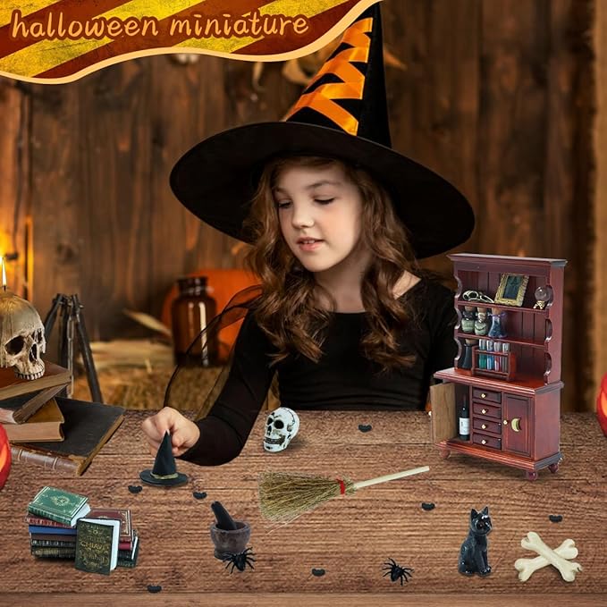Dollhouse Miniatures 1/12 Scale Accessories, Wooden Bookshelf Furniture Set - Magic Bottle&Potion, Witch Frame and Hat, Mini Bookcase, Haunted Dollhouse Halloween Decorations for Kids Gifts