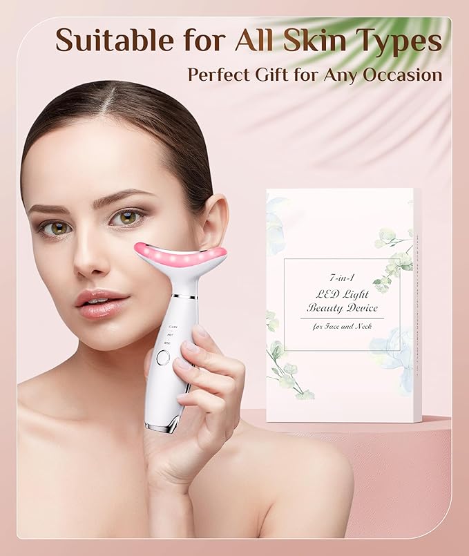 7 Color Galvanic Machines - Red Light Therapy for Face and Neck, Face Massager Tool for Wrinkles, Double Chin, Vibrating Facial Massager with Thermals, White