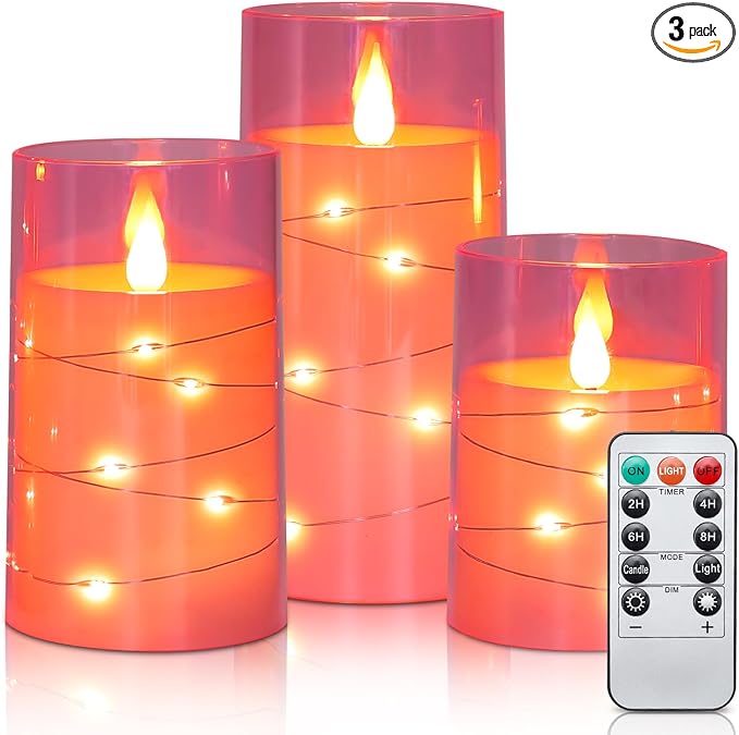 Aignis Flickering Flameless Candles Battery Operated Candles LED Candles with Remote Timer for Home/Wedding/Birthday/Holiday Decor, Cherry Blossom Pink 3D Flame Set of 3 (D3 xH4 5" 6")