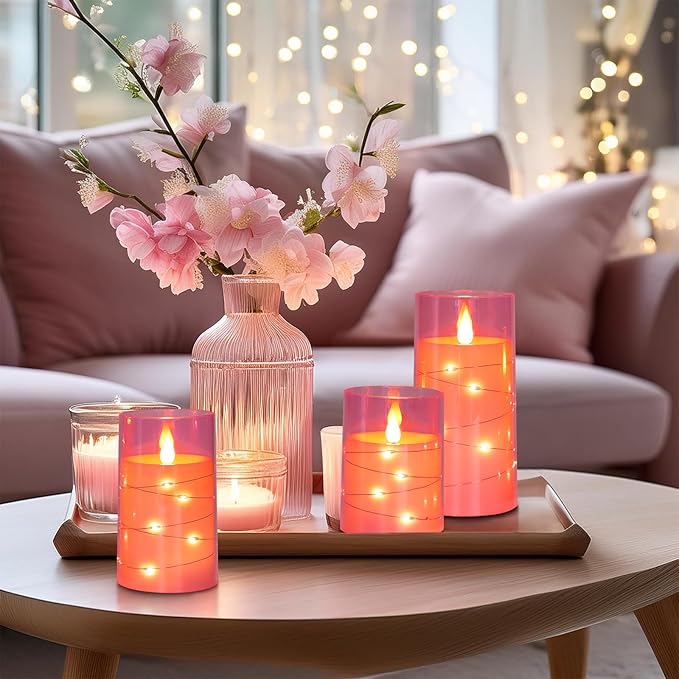 Aignis Flickering Flameless Candles Battery Operated Candles LED Candles with Remote Timer for Home/Wedding/Birthday/Holiday Decor, Cherry Blossom Pink 3D Flame Set of 3 (D3 xH4 5" 6")
