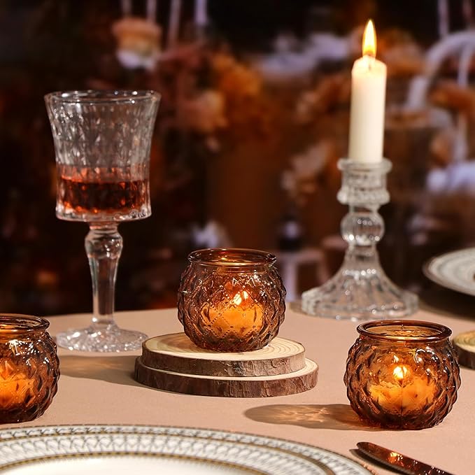 Amber Votive Candle Holders Set of 24 - Round Glass Candle Holders for Table Centerpiece, Tea Lights for Home & Vintage Wedding Decorations
