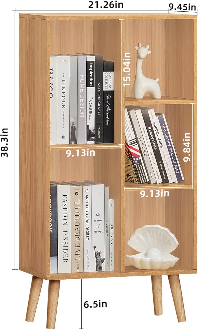 LEYAOYAO Wooden 5 Cube Bookshelf, Natural 3 Tier Book Shelf with Legs, Modern Open Storage Organizer,Boho Bookcase,Display Cabinet Shelf Free Standing Bookshelves for Bedroom,Living Room,Study