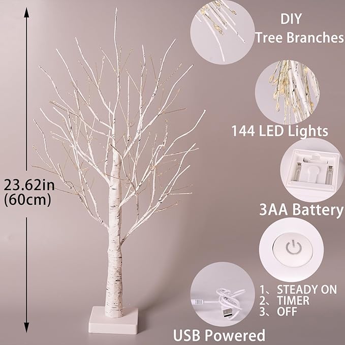 2-Piece Set: 2 Ft White Birch Tree with Lights, 144 LED Christmas Tree with Lights, Lighted up Tree Lamp USB/Battery Powered with Timer, Lighted Trees for Indoor Decor, Tabletop, Fireplace, Christmas