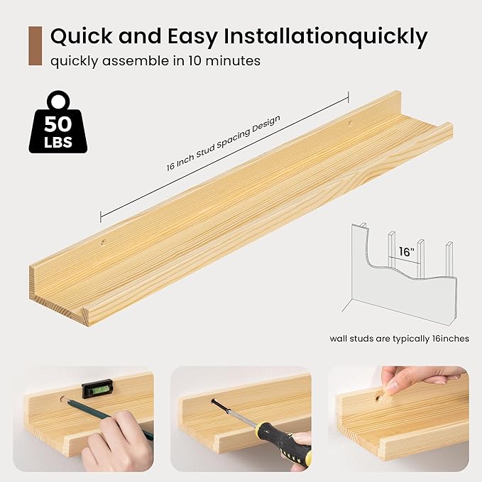 Picture Ledge Shelf, Solid Pine Wood Floating Shelves Set of 2, 24 Inches Nursery Book Shelves for Toys Storage, Kids Bookshelf Wall Mounted for Living Room Decor Photo Frames, Unfinished Natural