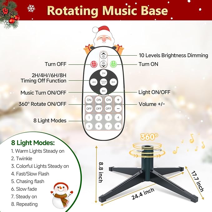 9ft Pre-lit Artificial Christmas Tree with Remote, Snow Flocked Xmas Trees Rotating & Foldable Stand, RGB & Warm White Light for Home Decor