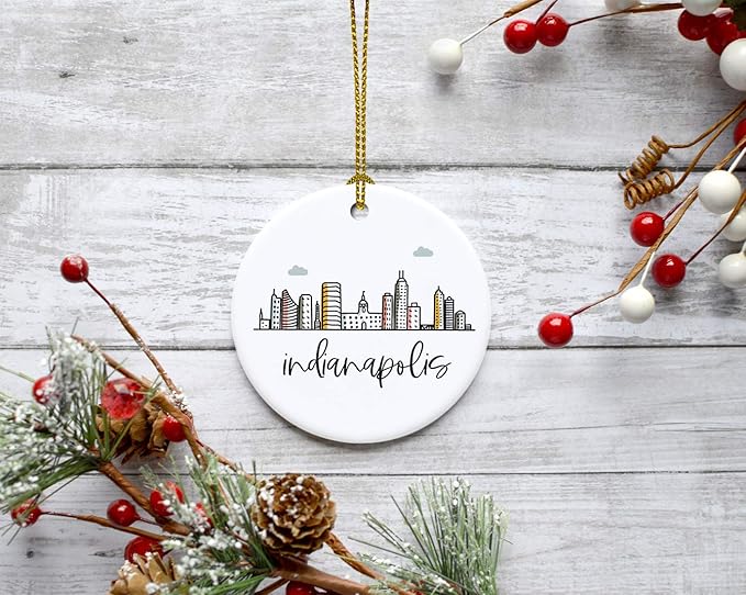 Andaz Press Round Ceramic Porcelain Christmas Tree Ornament Keepsake Gift, Indianapolis, Colorful City Skyline Graphic, 1-Pack, Birthday Ideas Family Coworker Him Her, Includes Gift Box