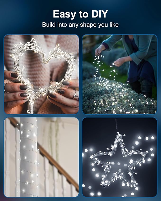 Fairy Lights Battery Operated, Firecracker String Lights Waterproof Silver Wire 5 Feet 60 Led Cluster Starry Lights for DIY Wreath Home Wedding Party Bedroom Mason Jar Holiday Christmas, Pure White