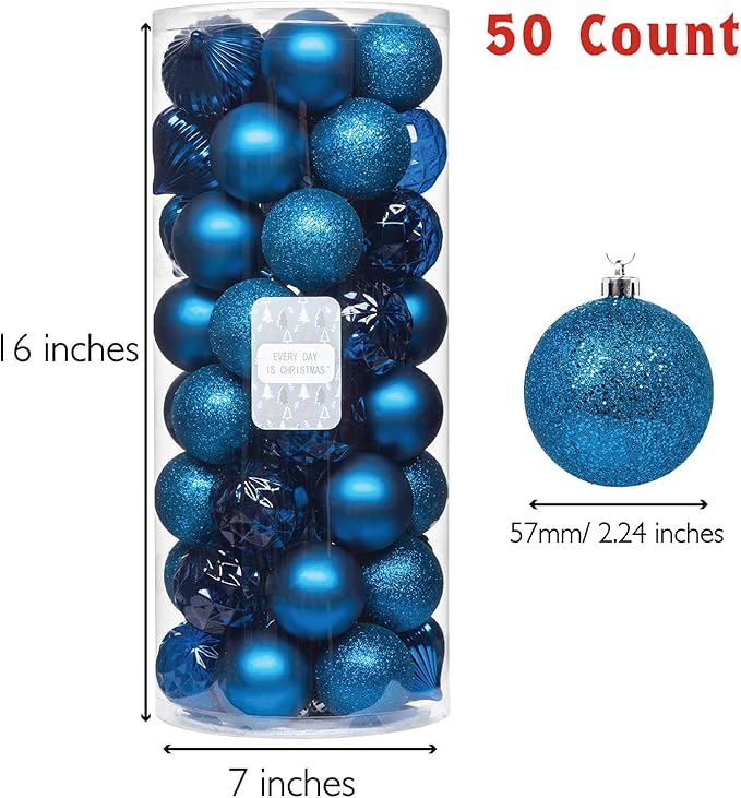 Every Day is Christmas Ornaments, Shatterproof Christmas Tree Ornament Set, Christmas Balls Decoration 50 Count (2.24"/57mm, Royal Blue)