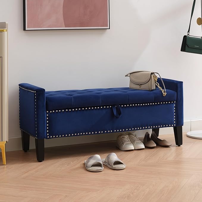 Storage Ottoman Bench, Velvet Upholstered Footstool for Bedroom and Living Room, Tufted Seat with Storage, Wooden Legs & Metal Rivets, Dark Blue
