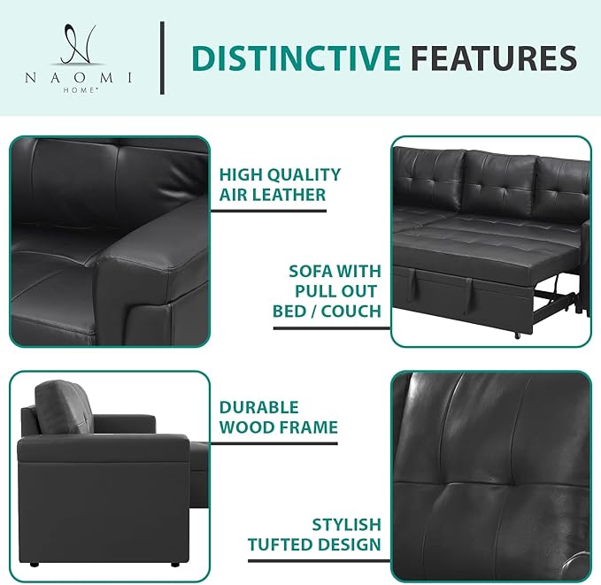 Naomi Home Jenny Sectional Sofa Sleeper with Storage Chaise, Tufted Pull Out Couch with Storage, L-Shaped Reversible Sleeper Sofa with Storage, Black,Air Leather
