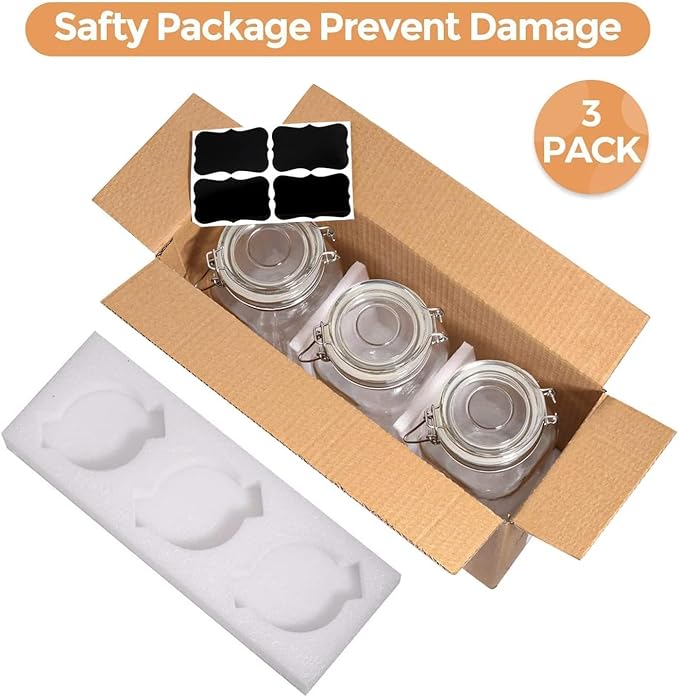 ComSaf Airtight Glass Canister Set of 3 with Lids 78oz Food Storage Jar Square - Storage Container with Clear Preserving Seal Wire Clip Fastening for Kitchen Canning Flour, Cereal, Pasta, Sugar, Beans