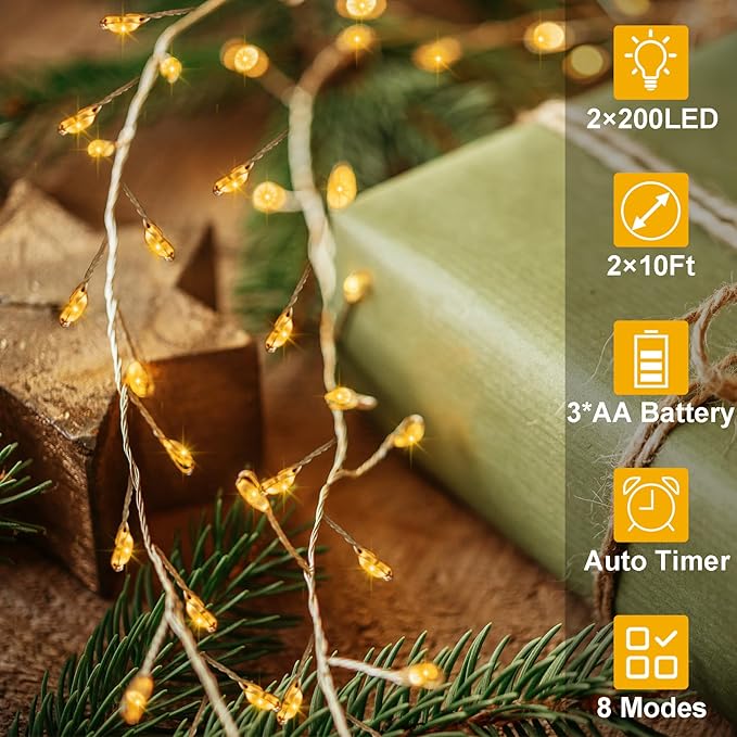 2 Pack Cluster Fairy Lights Battery Operated, Total 20Ft 400 LED Christmas String Lights with Timer 8 Modes Silver Wire Firecracker Fairy Lights for Garlands Tree Wedding Decoration (Warm White)