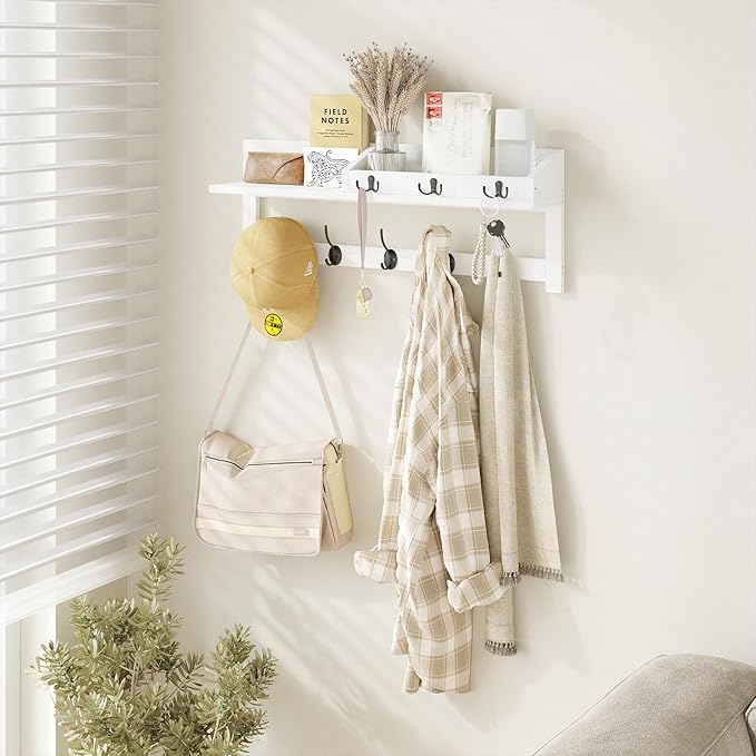 AMBIRD 26.57-Inch Wall Hanging Shelf With Coat Hooks - Entryway Wood Rack With 5 Dual Hooks, 3 Key Hooks, Mail Organizer and Key Holder (White)