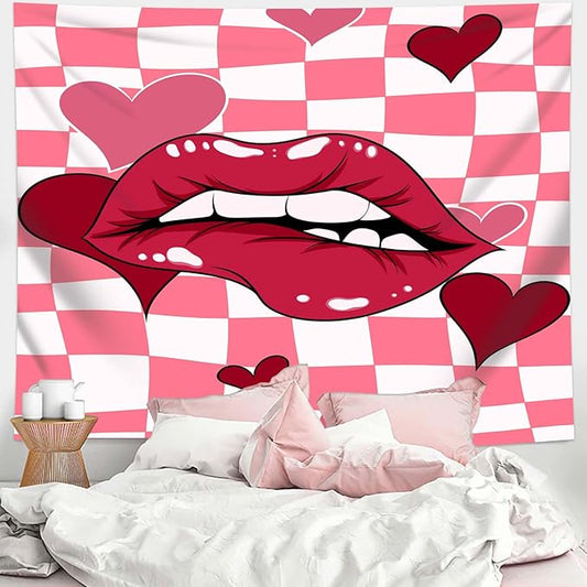 dueeia Sexy Red Lip Tapestry Wall Hanging Y2k Preppy Pink Retro Coquette Women Tapestries for Girls Bedroom Living Room Dorm Wall Decor (90.6"x70.9")