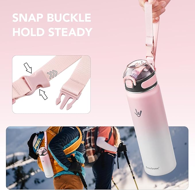 Enerbone 24 oz Insulated Water Bottle, Stainless Steel Bottle with Carrying Strap, Double-Wall Vacuum Insulation Design, Leakproof Sports Bottle with Straw, Keep Drinks Cold or Hot for Hours