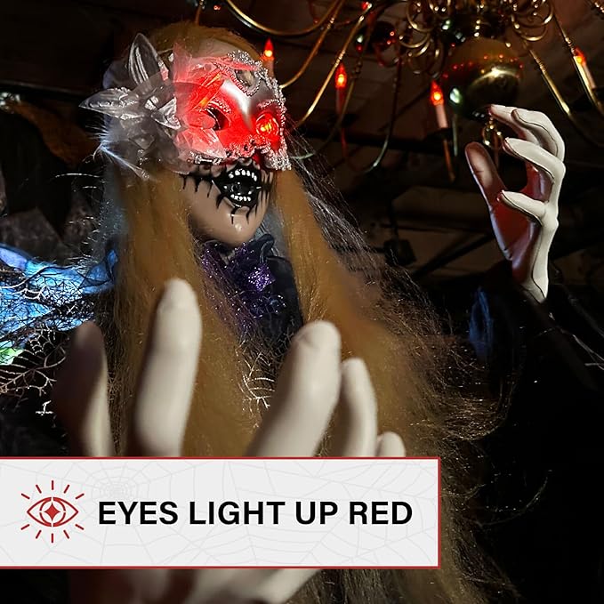 Haunted Hill Farm 5.5-Ft Animatronic Animated Standing Masquerade Lady, Halloween Animatronic, Spooky Venetian Masquerade Prop, Creepy House Party Decoration, Touch-Activated Lights & Sound, Life-Size