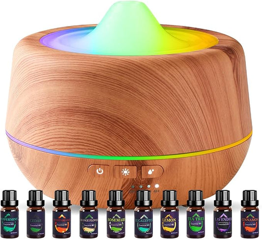 500ml Essential Oil Diffuser with 10 Scented Essential Oils,Wood Grain Ultrasonic Oil Diffuser,Aromatherapy Diffuser with Remote Control,Timer,7 Colors Light,2 Mist Modes for Large Room Office,Yellow