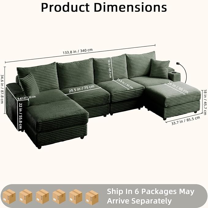Modular Sectional Sofa Couch, Plush Corduroy Fabric Sectional Couches for Living Room with USB Charging Ports, Phone Holders, and Multi-Functional Storage Armrests (Green, 4set+2ottoman)
