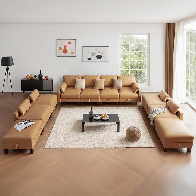 U Shape Sectionals Sofa Couch with Storage, Faux Leather 10 Seater Sofa, Big Comfy Couch, Large Sectionals for Big Space, House, Office, Tan