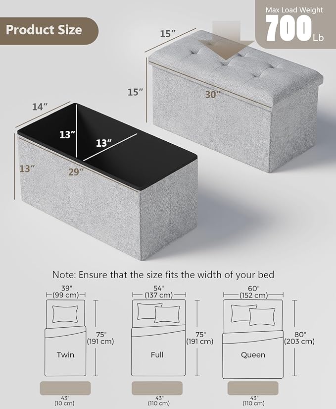 Storage Ottoman Bench, Folding Ottoman Foot Rest, 15 x 30 x 15 Inches, End of Bed Bench, Storage Chest, for Living Room, Bedroom, Hallway, Entryway, Light Gray