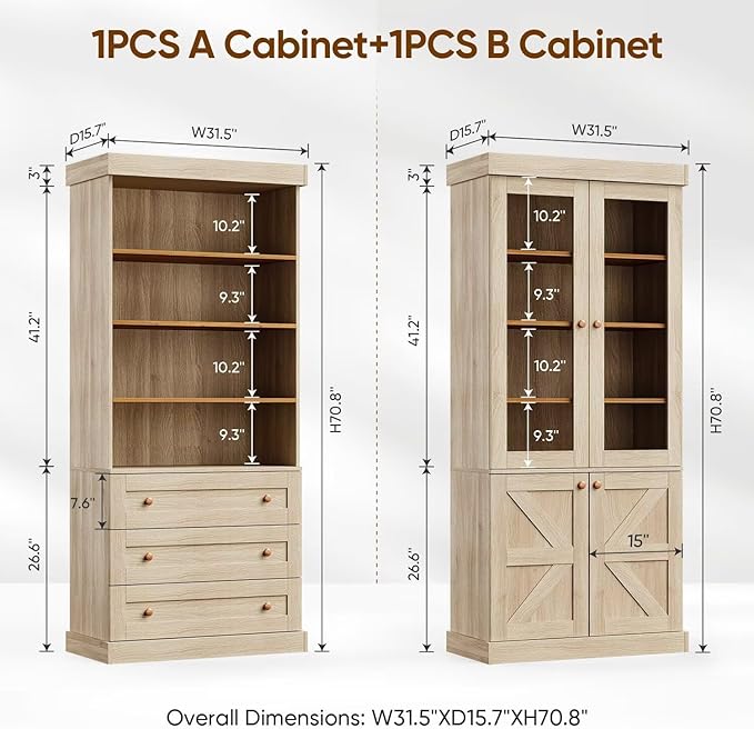 Vyre 71" Tall Farmhouse Bookshelves with Glass Doors and Drawers, Set of 4 – Large Modular Bookcase with Adjustable Shelves, Storage Cabinet for Living Room, Kitchen, Brown