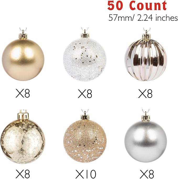 Every Day is Christmas Ornaments, Shatterproof Christmas Tree Ornament Set, Christmas Balls Decoration 50 Count (2.24"/57mm, Gold Silver)