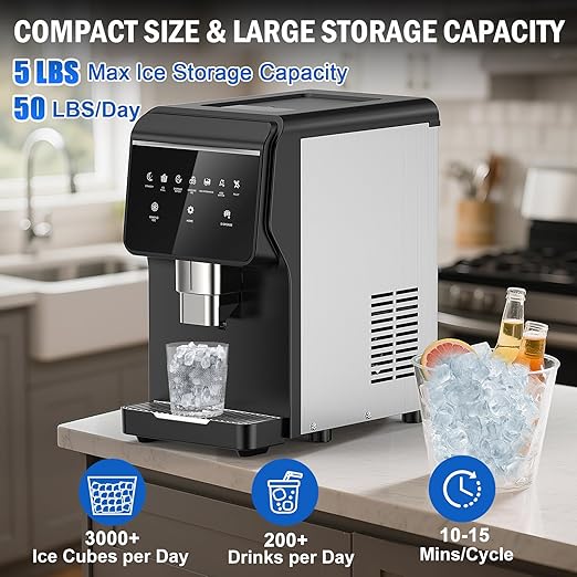 Nugget Ice Maker Countertop, 50LBS/Day with 5LBS Storage Bin, Water Dispenser Countertop Ice Maker Machine Stainless Steel, Soft Chewable Pellet Ice Machine for Home Bar Kitchen Office, Self-Cleaning