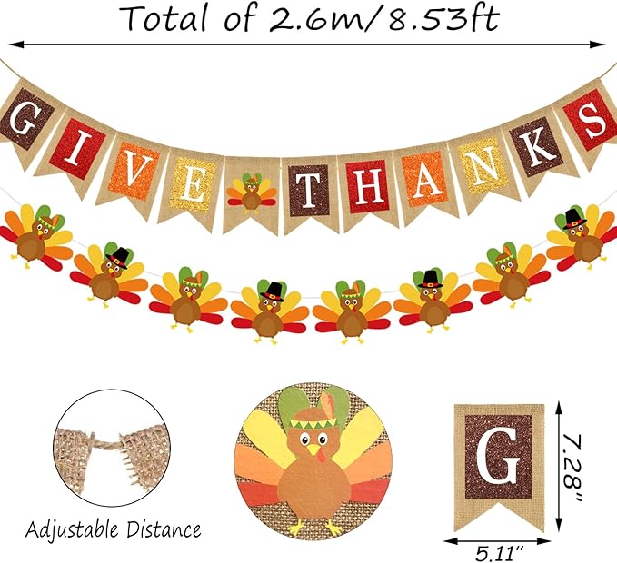 Doumeny 2Pcs Give Thanks Burlap Banner Turkey Paper Hanging Banner Thankful Bunting Garland with Turkey Thanksgiving Fall Party Garland Autumn Harvest Bunting Flag for Mantel Fireplace Farmhouse Decor