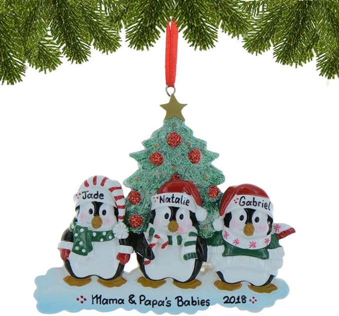 3D Scarves Penguins Family of 3 Christmas Ornament 2025 Personalized Family Christmas Ornaments 2025 | Winter Snow Personalized Tree Ornaments Customizable Gifts Santa Hat Penguin of Three Ornament