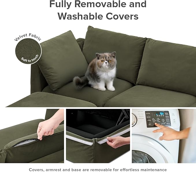 mopio Oversized Modular Sectional Sofa with Fully Removable Covers and Storage, Convertible U, L-Shaped and Sleeper Sectional, Modern Couches with Ottoman Chaise (Olive Green Velvet, 5 Seats, L)